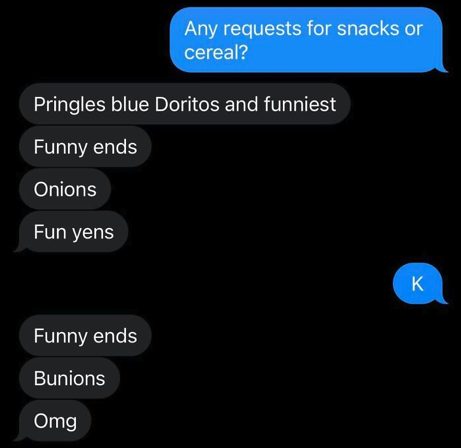 A text reads: 'Any requests for snacks?'