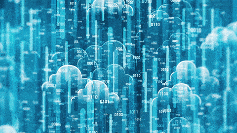 animation of data flowing up into and down out of a cloud